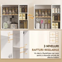 HOMCOM Bufet Bucătărie Înalt, Dulap Dispensa cu 4 Uși din Sticlă Soft-Close, 6 Rafturi Deschise, Rafturi Reglabile, Alb(m-5)