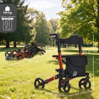 HOMCOM Déambulateur 4 Roues Pliable en Aluminium, Hauteur Réglable 6 Positions, Freins Doubles, Rangement, 64x67x92cm, Rouge(m-3)