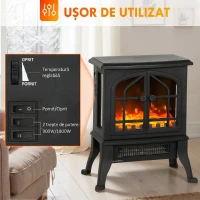 HOMCOM Șemineu Electric de Podea, Flacără 3D, Termostat 10-35°C, Plastic, Sticlă, 39x24x48 cm, Negru(m-6)
