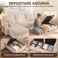 HOMCOM Canapea Modulară în U cu 4 Locuri, 2 Pufuri cu Depozitare, Catifea Reiată, 306x153x85 cm, Crem(m-6)