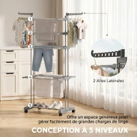 HOMCOM Séchoir à linge pliable 4 niveaux avec roulettes, étendoir linge intérieur avec ailes latérales, cadre en acier, gris(m-4)