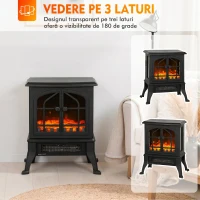 HOMCOM Șemineu Electric de Podea, Flacără 3D, Termostat 10-35°C, Plastic, Sticlă, 39x24x48 cm, Negru(m-5)
