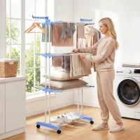 HOMCOM Séchoir étendoir à linge sur roulette pliable ailes latérales intérieure et extérieure 73 x 64 x 177 cm bleu argent(m-8)