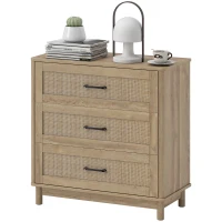 HOMCOM Comodă 3 Sertare din Ratan, Mobilier de Depozitare, Picioare din Lemn Masiv, Stil Boem, 76x35x76cm, Stejar(m-9)