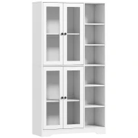HOMCOM Bufet Bucătărie Înalt, Dulap Dispensa cu 4 Uși din Sticlă Soft-Close, 6 Rafturi Deschise, Rafturi Reglabile, Alb(m-1)