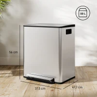 HOMCOM Lixeira de cozinha 2 compartimentos de 2 x 25 L, aço inoxidável, tampa com fecho suave, 47,7x37,5x56cm, prateado(m-3)