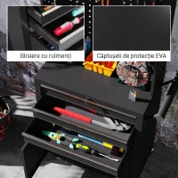 HOMCOM Cărucior de Scule din Oțel cu Blat de Lucru, 3 Sertare, Dulap, Panouri Perforate, Roți, Negru(m-8)