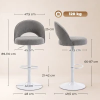 HOMCOM 2er-Set Barhocker, höhenverstellbare Barstühle, gepolsterte Chenille-Sitzfläche, 360° drehbar, Grau(m-3)