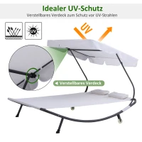 Outsunny Sonnenliege rollbar Campingliege mit Kopfkissen, Dach UV-beständig und wasserabweisend Gartenliege Liegestuhl bis 220kg belastbar für Balkon, Garten, Cremeweiß(m-4)