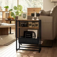 HOMCOM Măsuță De Living Îngustă cu 2 Rafturi, Suport Reviste V, PAL Oțel, 43x18x56 cm, Maro Rustic(m-10)