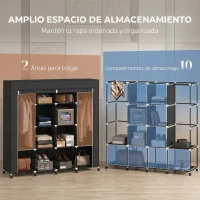 HOMCOM Armario de Tela Portátil con Ruedas 10 Compartimentos 2 Barras para Colgar Estructura de Acero Negro(m-4)