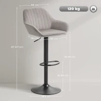 HOMCOM Juego de 2 Taburetes de Bar Giratorios Altura Ajustable 62-83 cm Tapizada en Terciopelo Respaldo y Reposapiés Gris(m-3)