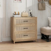 HOMCOM Comodă 3 Sertare din Ratan, Mobilier de Depozitare, Picioare din Lemn Masiv, Stil Boem, 76x35x76cm, Stejar(m-4)
