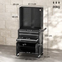 HOMCOM Cărucior de Scule din Oțel cu Blat de Lucru, 3 Sertare, Dulap, Panouri Perforate, Roți, Negru(m-3)
