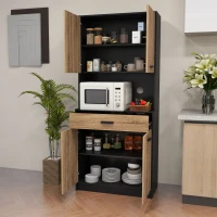 HOMCOM Bufet de Bucătărie din Lemn cu 2 Dulapuri cu Uși Duble și Sertar, 80x40x180 cm, Negru și culoare Lemn(m-10)