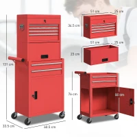 HOMCOM Cărucior pentru Scule din Oțel cu Încuietoare, 6 Sertare, 2 Dulapuri, Panou Perforat, Roți și Mâner, Roșu(m-3)