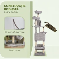 PawHut Ansamblu de Zgâriat pentru Pisici, 206 cm, cu Stâlpi din Sisal, Căsuțe și Hamace, Gri Închis(m-5)
