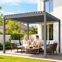 Outsunny 3 x 3(m) Electric Louvered Pergola with LED Lights, Aluminium Pergola Hardtop Gazebo with Remote, Adjustable Roof and Drainage System, Water and UV Proof(m-7)