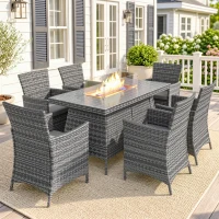 Outsunny 7 Pieces Outdoor Rattan Garden Furniture with Fire Pit Table, 6 Seater Garden Table and Chairs with Cushions, Rattan Dining Set with Propane Heater Table, Windscreen, 50,000 BTU, Grey(m-10)