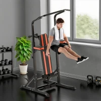 HOMCOM Power Tower Pieghevole con Panca Piana Regolabile, Rack Palestra Multifunzione con Barre per Dip e Trazioni, Altezza Regolabile 7 Livelli, in Acciaio, Allenamento Fitness Casa Palestra, Rosso(m-2)