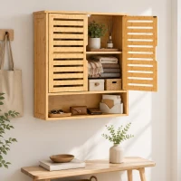 HOMCOM Bathroom Wall Cabinet, Wall Mounted Bathroom Cabinet with 2 Louvered Doors, Open Shelf and Adjustable Shelf Storage(m-9)