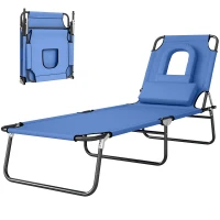 Outsunny Folding Sun Lounger with Face Hole, 4-Position Adjustable Backrest Garden Recliner Chair Sunbed, Outdoor Lounge Chair with 600 D Oxford Cloth Seat, Pillow for Beach, Blue(m-10)