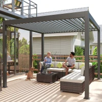 Outsunny 3 x 3(m) Electric Louvered Pergola with LED Lights, Aluminium Pergola Hardtop Gazebo with Remote, Adjustable Roof and Drainage System, Water and UV Proof(m-24)