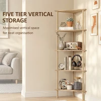 HOMCOM Bamboo Storage Shelf, 5-tier Corner Shelf, Freestanding Shelving Unit for Living Room, Home Office, Natural Wood Finish(m-5)