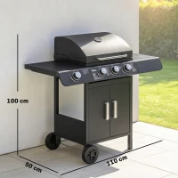 Outsunny 3+1 Burner Gas BBQ Grill, Outdoor Barbecue Trolley with Wheels, Warming Rack, Side Shelves, Cabinet, Thermometer for Garden, Party, Camping, 110L x 50W x 100Hcm, Black(m-3)