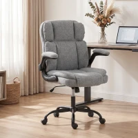 HOMCOM Silla de Oficina Giratoria con Reposabrazos Abatibles, Altura Regulable, Balanceo en Tejido Efecto Lino, Gris(m-2)