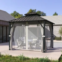 Outsunny 3 x 3(m) Hardtop Gazebo Canopy with Double Metal Roof, Waterproof Permanent Pavilion Garden Gazebo with Netting and Curtains, Easy to Assemble, Beige(m-10)