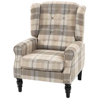 HOMCOM Wingback Accent Chair, Linen-Look Fabric Armchair with Thick Spring Cushion, High Back, Khaki Plaid(m-15)