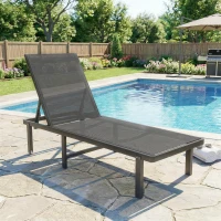 Outsunny Bain de Soleil Transat de Jardin avec Roulettes Inclinable à Plat 4 Positions et Textilène 530g/m² Gris Foncé(m-2)