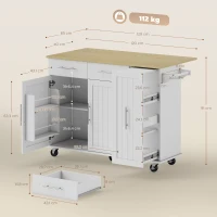 HOMCOM Îlot Central Cuisine avec Plateau Rabattable, Roulettes, 2 Tiroirs, Portes à Fermeture Douce, Porte-Serviettes, Blanc(m-3)