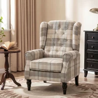 HOMCOM Wingback Accent Chair, Linen-Look Fabric Armchair with Thick Spring Cushion, High Back, Khaki Plaid(m-14)