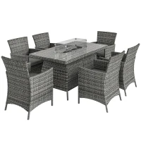 Outsunny 7 Pieces Outdoor Rattan Garden Furniture with Fire Pit Table, 6 Seater Garden Table and Chairs with Cushions, Rattan Dining Set with Propane Heater Table, Windscreen, 50,000 BTU, Grey(m-1)