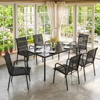 Outsunny Salon de Jardin 6 Personnes Ensemble Table et Chaises Jardin avec Chaises Empilables en Textilène 70x51x87cm Noir(m-8)