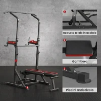 HOMCOM Power Tower Pieghevole con Panca Piana Regolabile, Rack Palestra Multifunzione con Barre per Dip e Trazioni, Altezza Regolabile 7 Livelli, in Acciaio, Allenamento Fitness Casa Palestra, Rosso(m-7)
