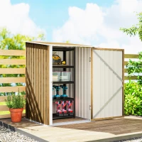 Outsunny 3.3 x 3.4ft Lean To Steel Garden Shed with Locking Door - Light Brown Wood Effect/White(m-7)