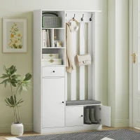 HOMCOM Meuble d'entrée 4 en 1, vestiaire d'entrée avec banc de rangement, étagère réglable, 4 crochets, 100x30x180cm, blanc(m-2)