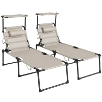 Outsunny Lot de 2 Bains de soleil transats pliables grand confort dossier pare-soleil réglables multi-positions, crème(m-1)