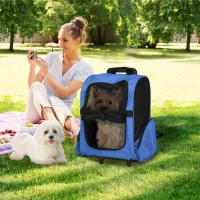 PawHut Sac de transport à roulettes pour chien 2 en 1 trolley chariot sac à dos pour chien chat avec poignée téléscopique, sacs de rangement, aérations, attache de sécurité, 42 x 25 x 55 cm, bleu(m-2)