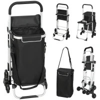 HOMCOM Chariot de courses pliable caddie de courses portable à roulettes avec siège pliable, sac amovible, 46x59,5x97cm, noir(m-1)