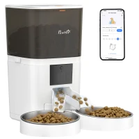 PawHut Distributeur Croquettes Chat Automatique 2 Animaux 6L Double Bol Inox WiFi Tuya App ABS 37x36x35cm Blanc(m-12)