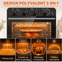 HOMCOM Friteuse à Air Chaud 36L, Four à Air Chaud 1800 W avec Rôtissoire, Plaque de Cuisson, Panier de Friture et Grille, Noir(m-5)
