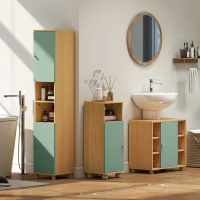 HOMCOM Meuble de salle de bain meuble de rangement 2 placards 2 compartiments ouverts étagères réglables 30 x 30 x 166 cm, vert(m-8)