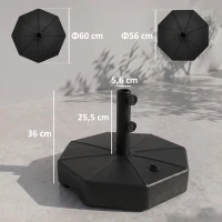 Outsunny Base de Sombrilla Rellenable de Agua 28 kg o Arena 40 kg Soporte de Parasol Octagonal Apto para Postes de 38mm 48 mm para Jardín Terraza Ø60x36 cm Negro(m-3)