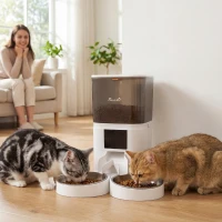 PawHut Distributeur Croquettes Chat Automatique 2 Animaux 6L Double Bol Inox WiFi Tuya App ABS 37x36x35cm Blanc(m-10)