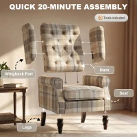 HOMCOM Wingback Accent Chair, Linen-Look Fabric Armchair with Thick Spring Cushion, High Back, Khaki Plaid(m-7)