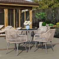 Outsunny 4 Seater Rattan Dining Set, Rattan Garden Furniture Set with Parasol Hole, Outdoor Dining Table and Chairs Set with Cushions, Round Glass Top Table for Patio, Balcony, Light Brown(m-9)